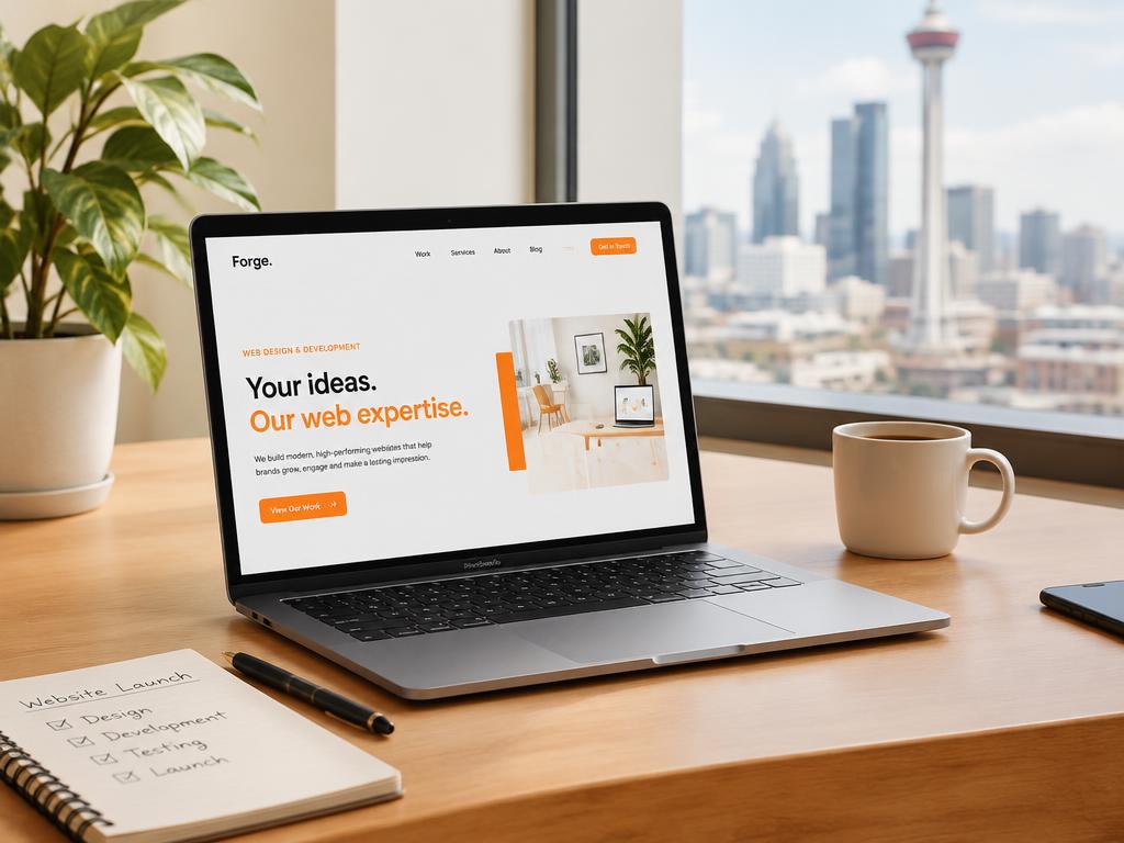 Laptop showing a website design on a studio desk with the Calgary Tower in the background