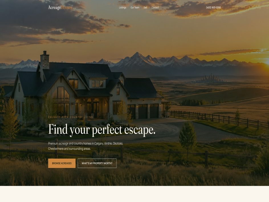 Acreage Homes real estate website with country home at sunset