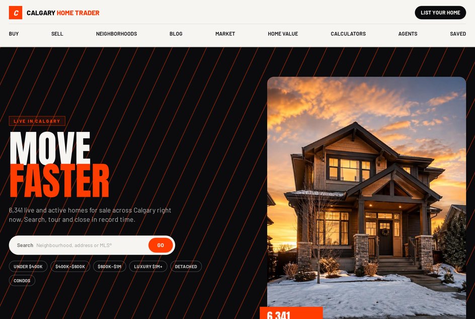 Calgary Home Trader real estate website homepage with live Calgary listings